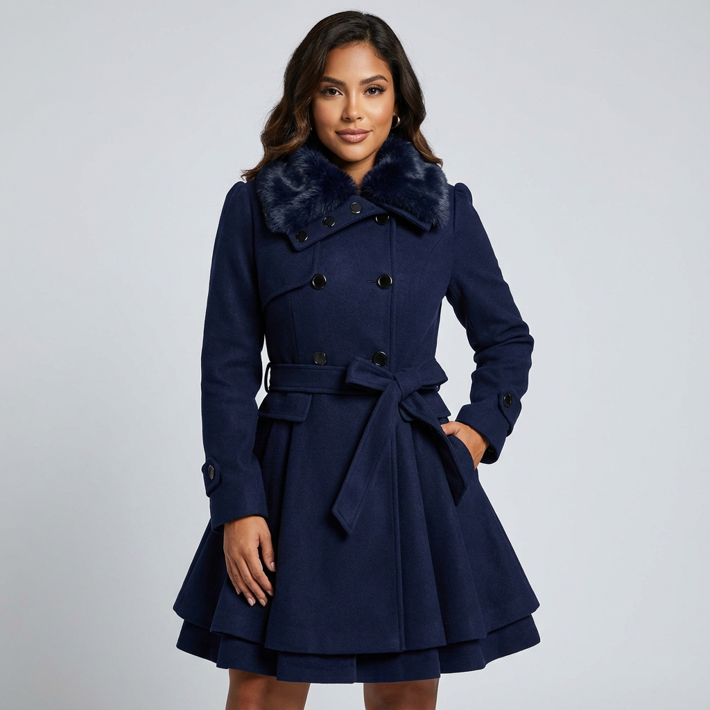 Elegante getailleerde dames winterjas met knopen, ceintuur en kraag van imitatiebont