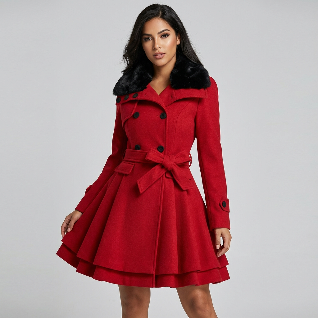 Elegante getailleerde dames winterjas met knopen, ceintuur en kraag van imitatiebont