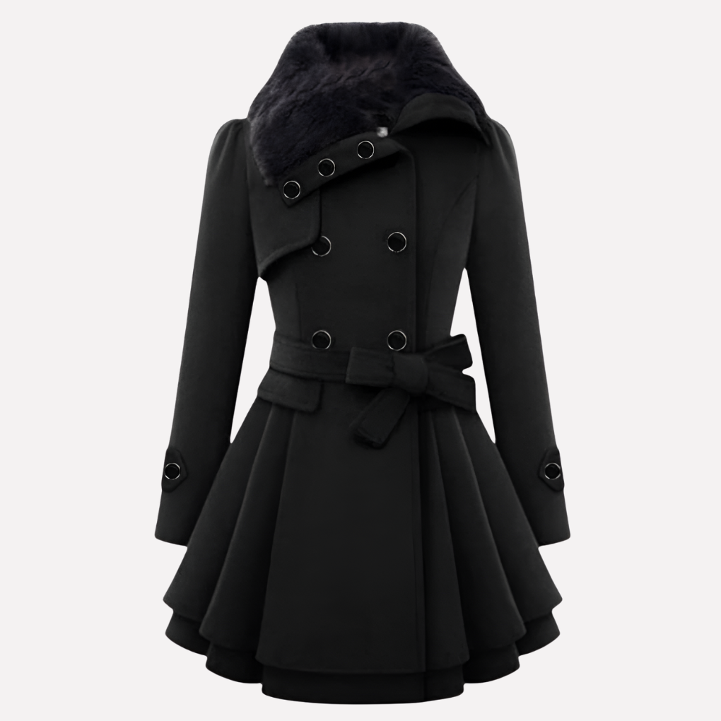 Elegante getailleerde dames winterjas met knopen, ceintuur en kraag van imitatiebont