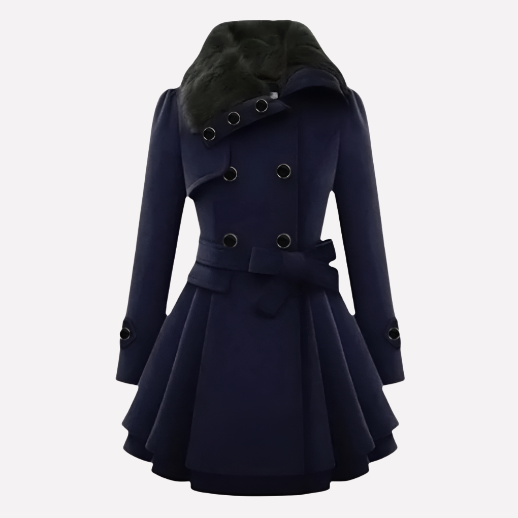 Elegante getailleerde dames winterjas met knopen, ceintuur en kraag van imitatiebont