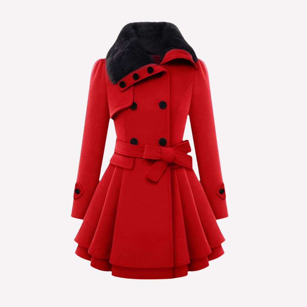 Elegante getailleerde dames winterjas met knopen, ceintuur en kraag van imitatiebont