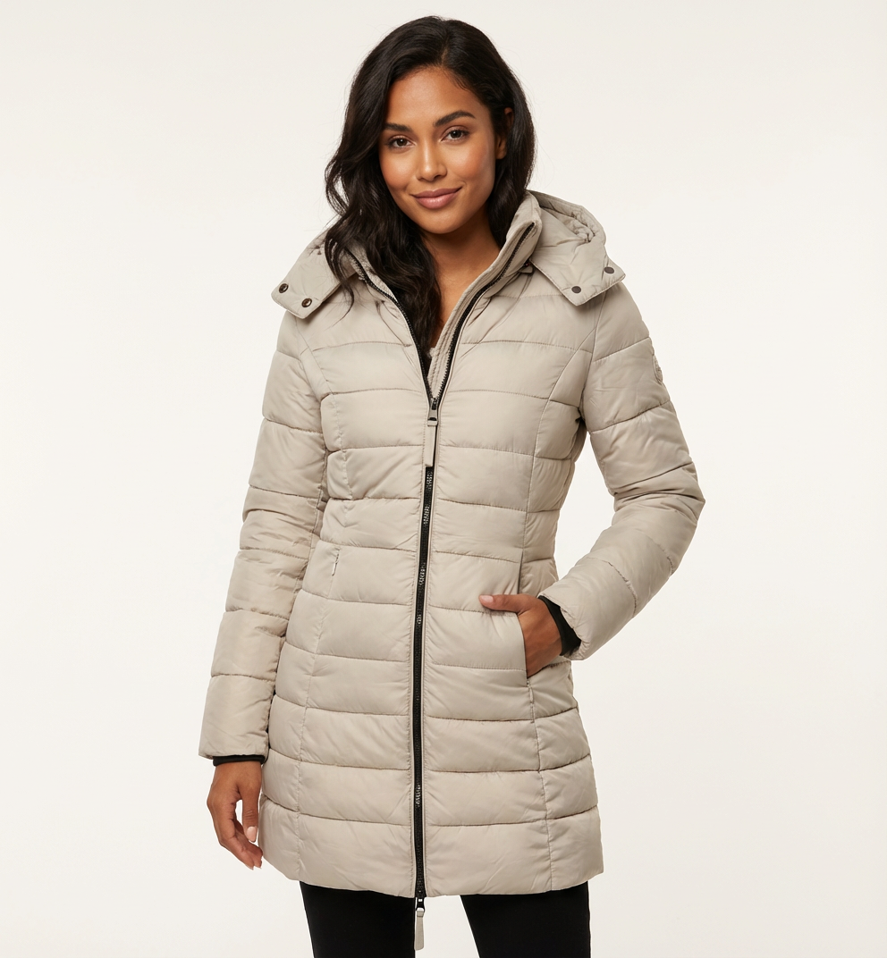 Elegante gewatteerde damesjas met capuchon