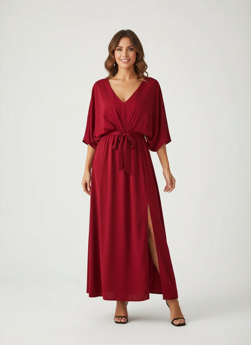 Elegante maxi jurk met strikceintuur en V-hals