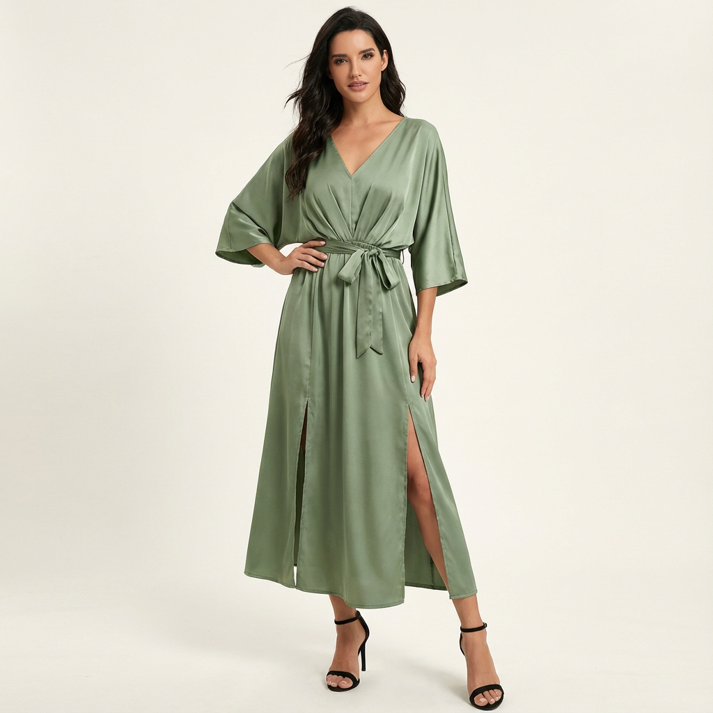 Elegante maxi jurk met strikceintuur en V-hals