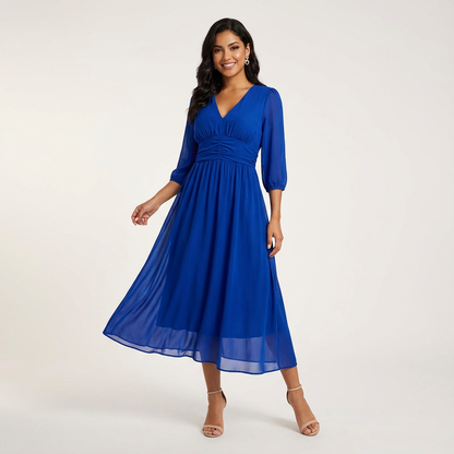 Elegante midi jurk met V-hals en geplooide taille