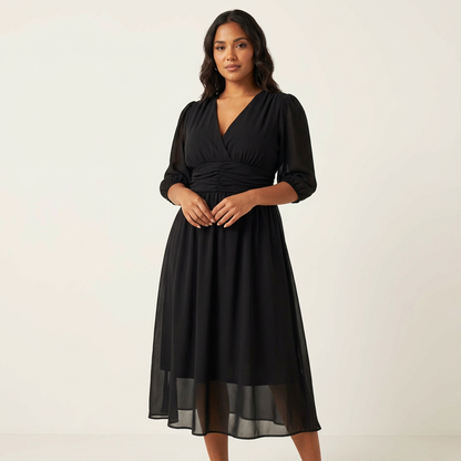 Elegante midi jurk met V-hals en geplooide taille