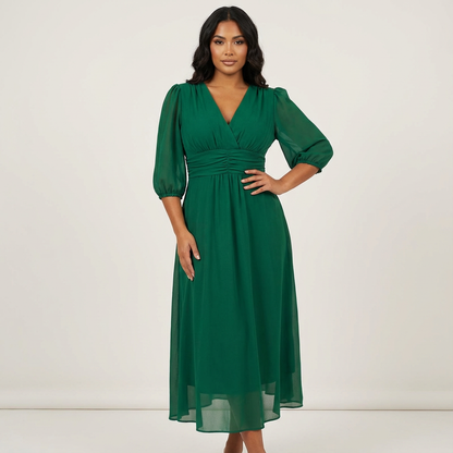 Elegante midi jurk met V-hals en geplooide taille