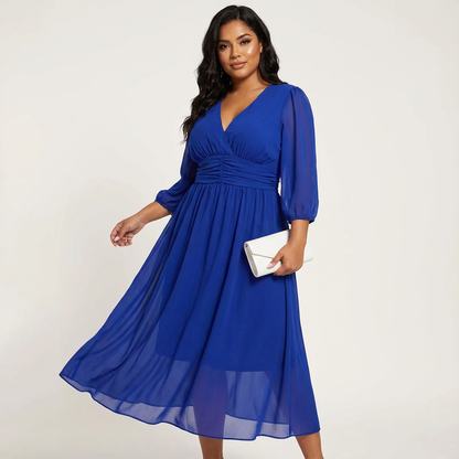 Elegante midi jurk met V-hals en geplooide taille