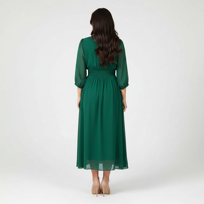 Elegante midi jurk met V-hals en geplooide taille