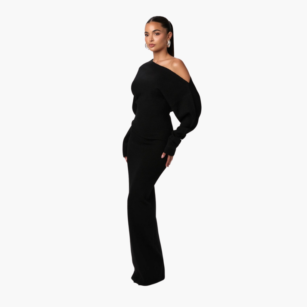 Elegante off-shoulder gebreide maxi jurk met asymmetrische halslijn