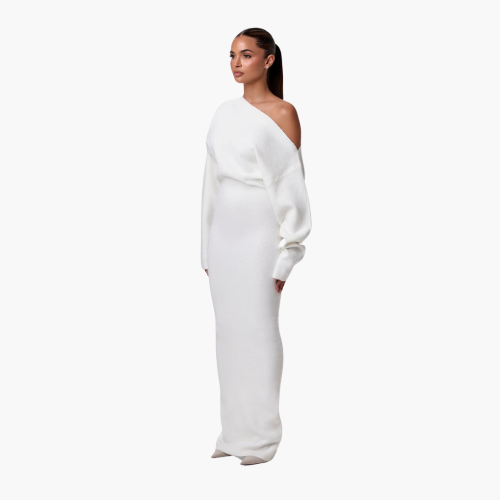 Elegante off-shoulder gebreide maxi jurk met asymmetrische halslijn