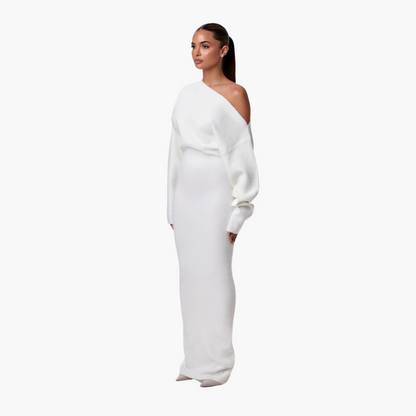 Elegante off-shoulder gebreide maxi jurk met asymmetrische halslijn
