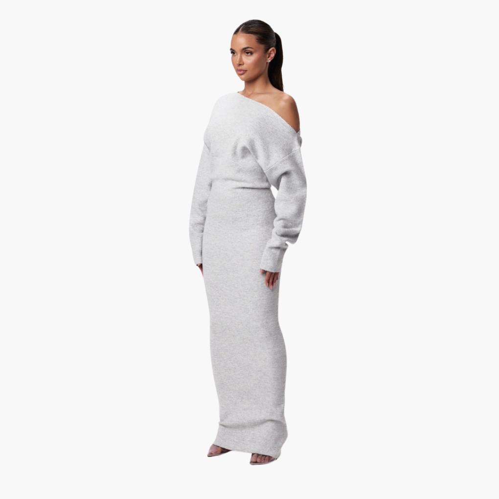 Elegante off-shoulder gebreide maxi jurk met asymmetrische halslijn