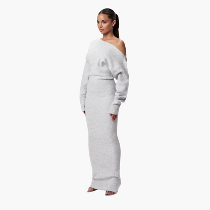 Elegante off-shoulder gebreide maxi jurk met asymmetrische halslijn