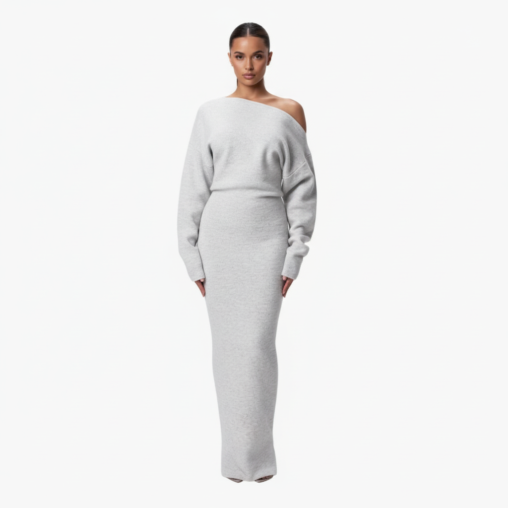 Elegante off-shoulder gebreide maxi jurk met asymmetrische halslijn