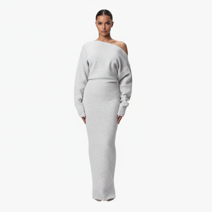 Elegante off-shoulder gebreide maxi jurk met asymmetrische halslijn