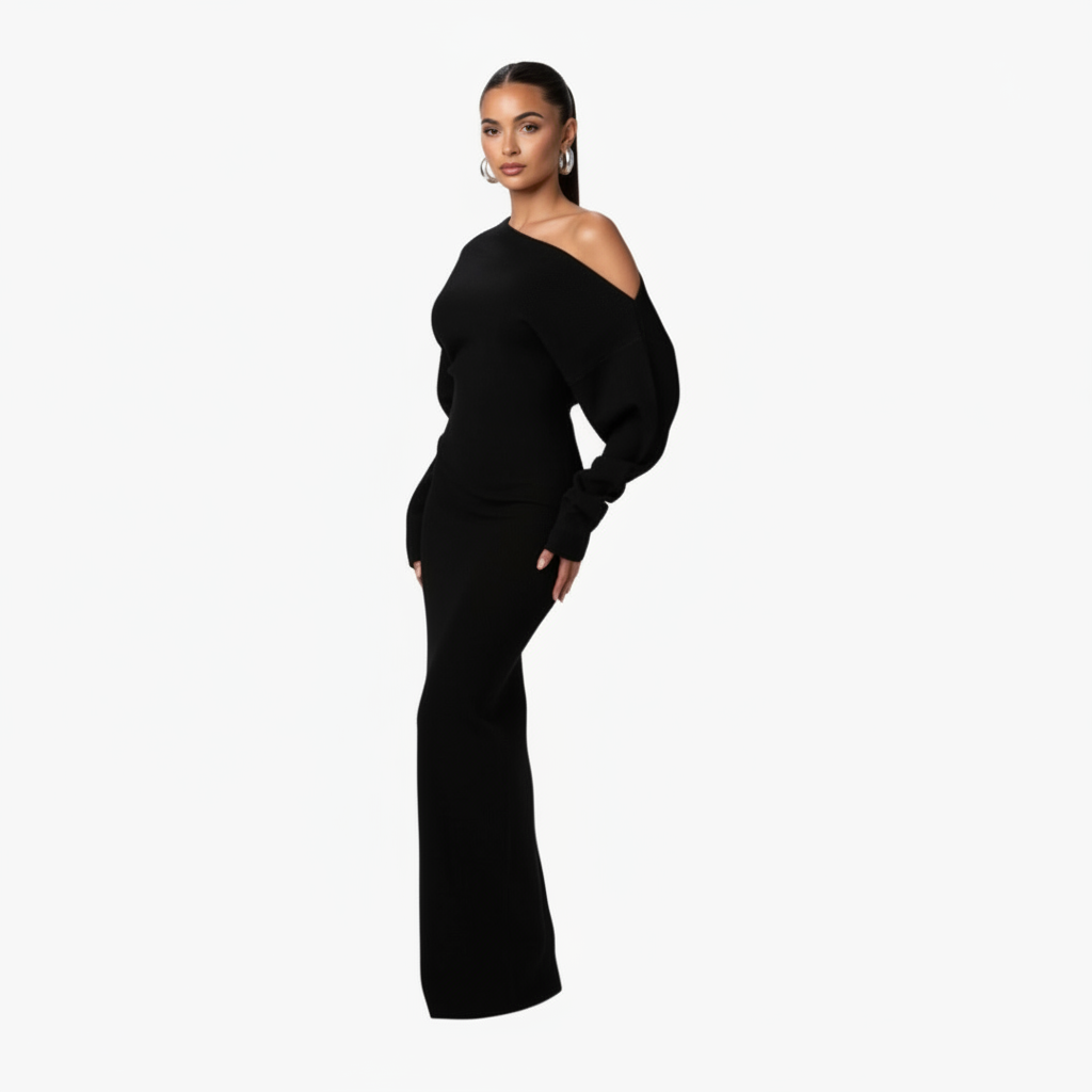 Elegante off-shoulder gebreide maxi jurk met asymmetrische halslijn