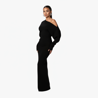 Elegante off-shoulder gebreide maxi jurk met asymmetrische halslijn