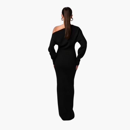 Elegante off-shoulder gebreide maxi jurk met asymmetrische halslijn