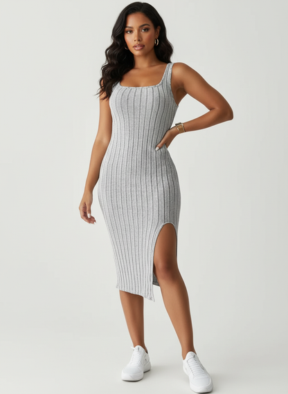 Elegante ribgebreide midi jurk met split