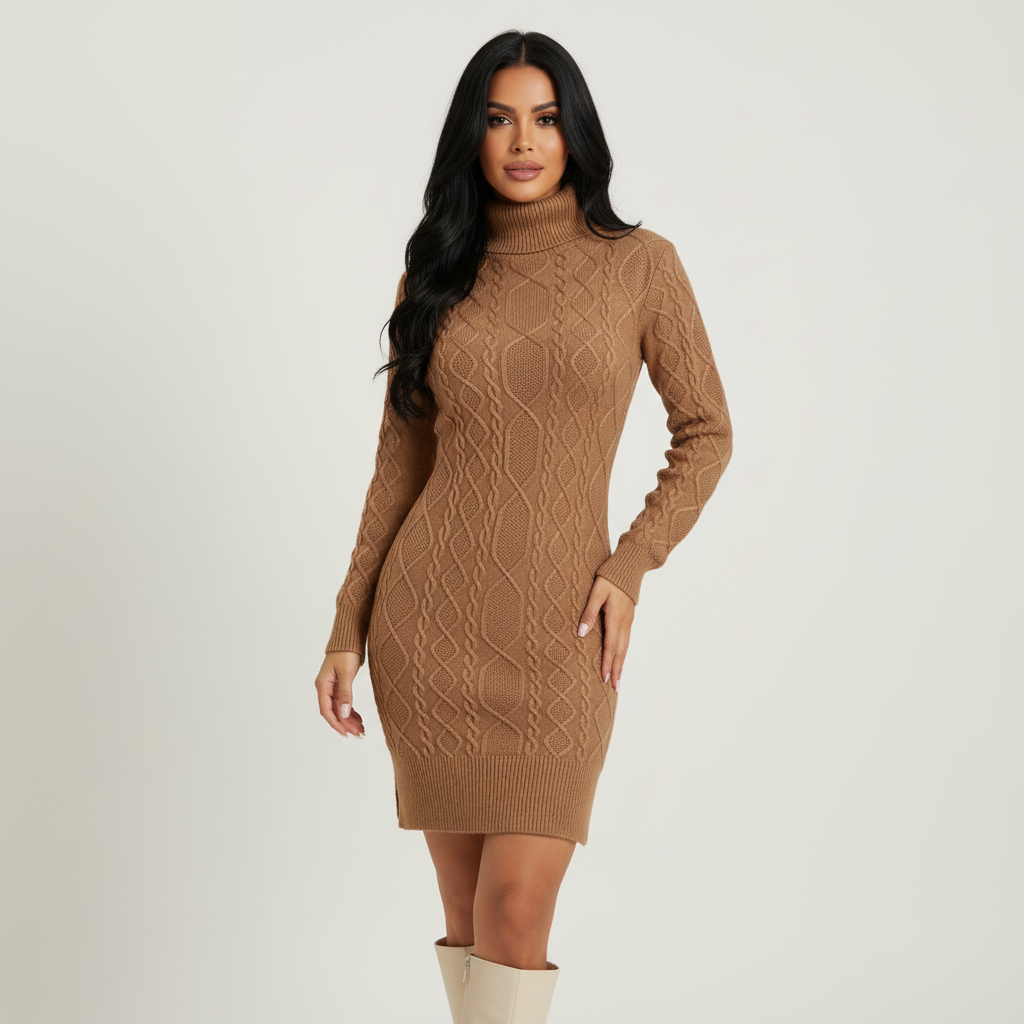 Elegante warme dames kabelgebreide coltrui jurk