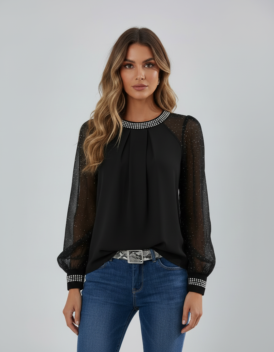 Elegante zwarte mesh top met pailletten en transparante mouwen
