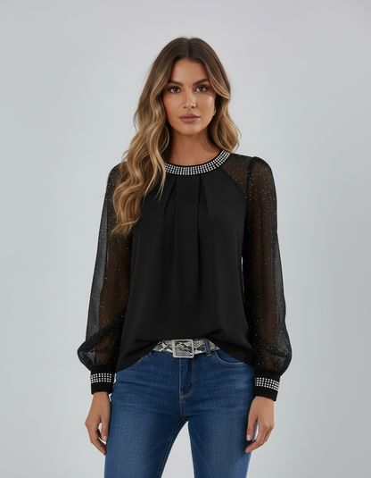 Elegante zwarte mesh top met pailletten en transparante mouwen