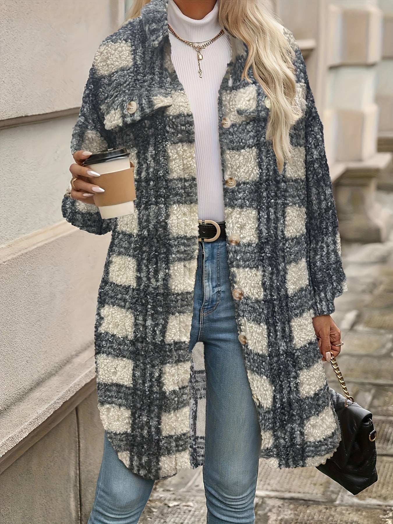 Elysia Fuzzy Check Jacket – Geruite Dames Jas met Knoopsluiting