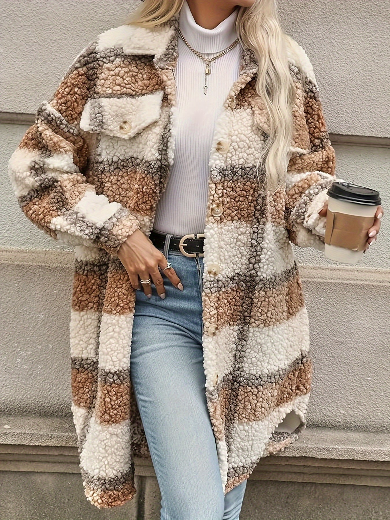 Elysia Fuzzy Check Jacket – Geruite Dames Jas met Knoopsluiting