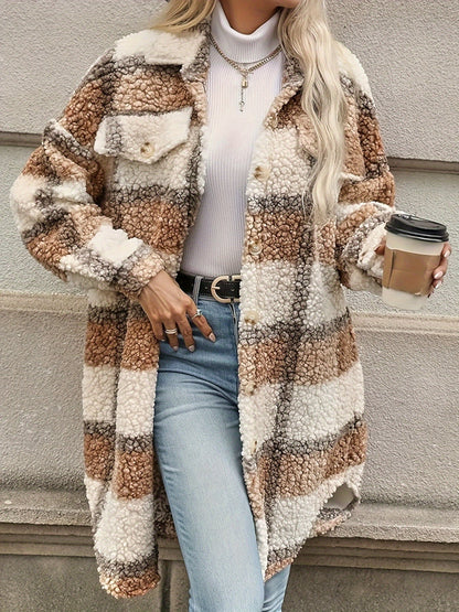 Elysia Fuzzy Check Jacket – Geruite Dames Jas met Knoopsluiting