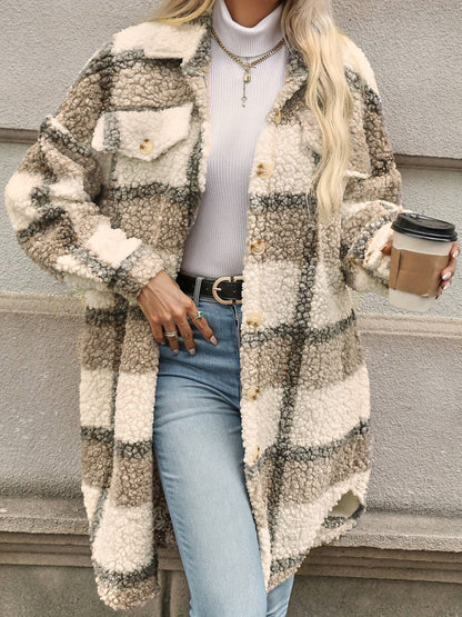 Elysia Fuzzy Check Jacket – Geruite Dames Jas met Knoopsluiting