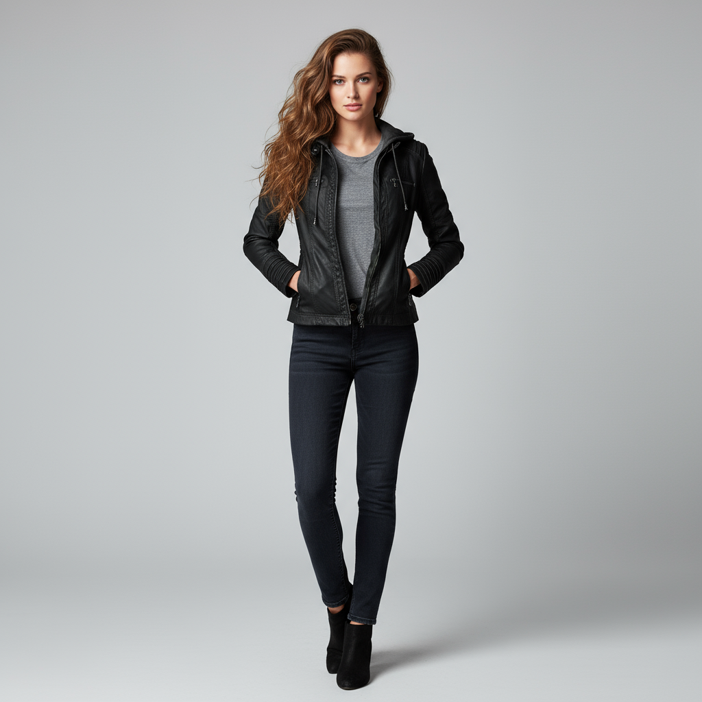 Faux-leren damesjas met capuchon en ritssluiting