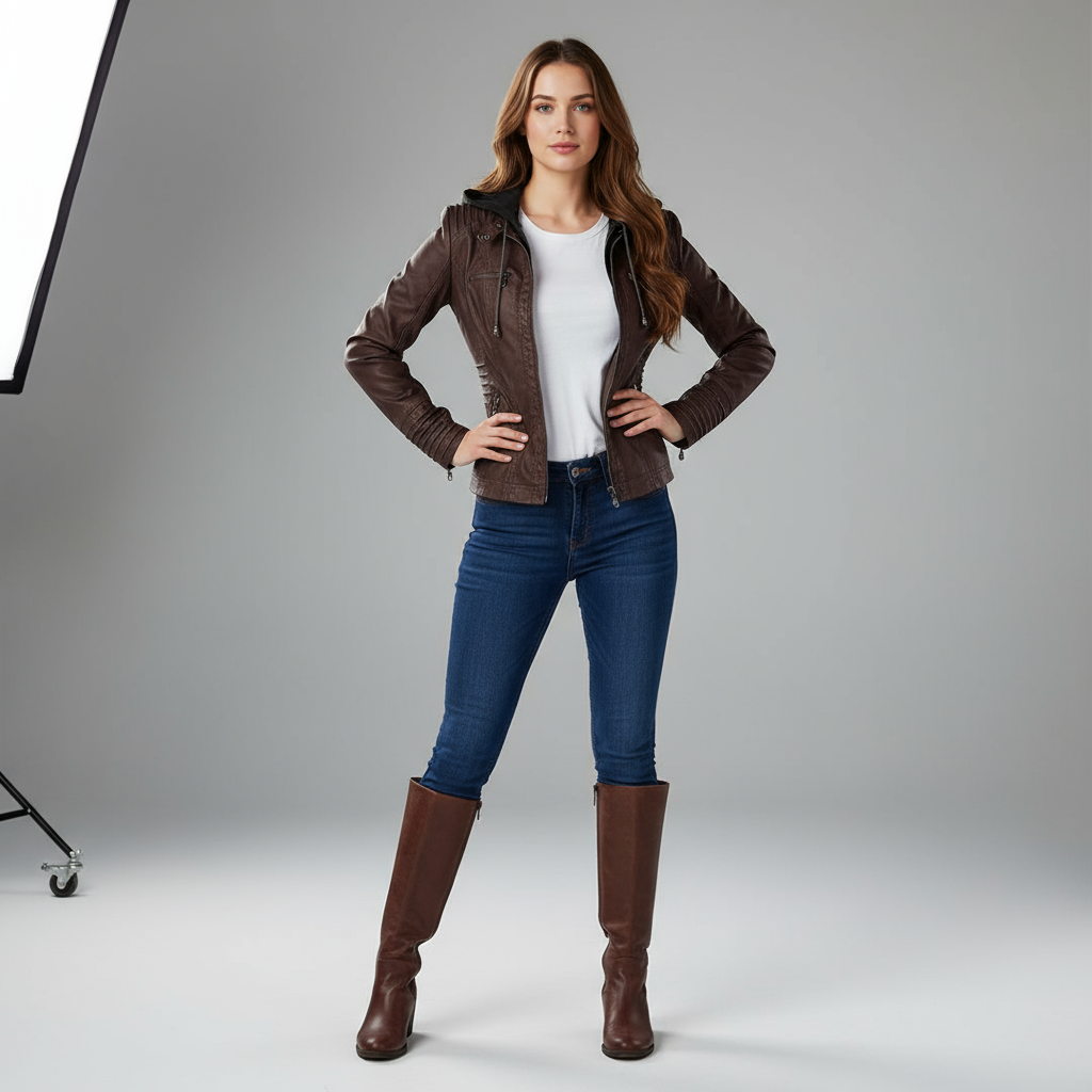 Faux-leren damesjas met capuchon en ritssluiting