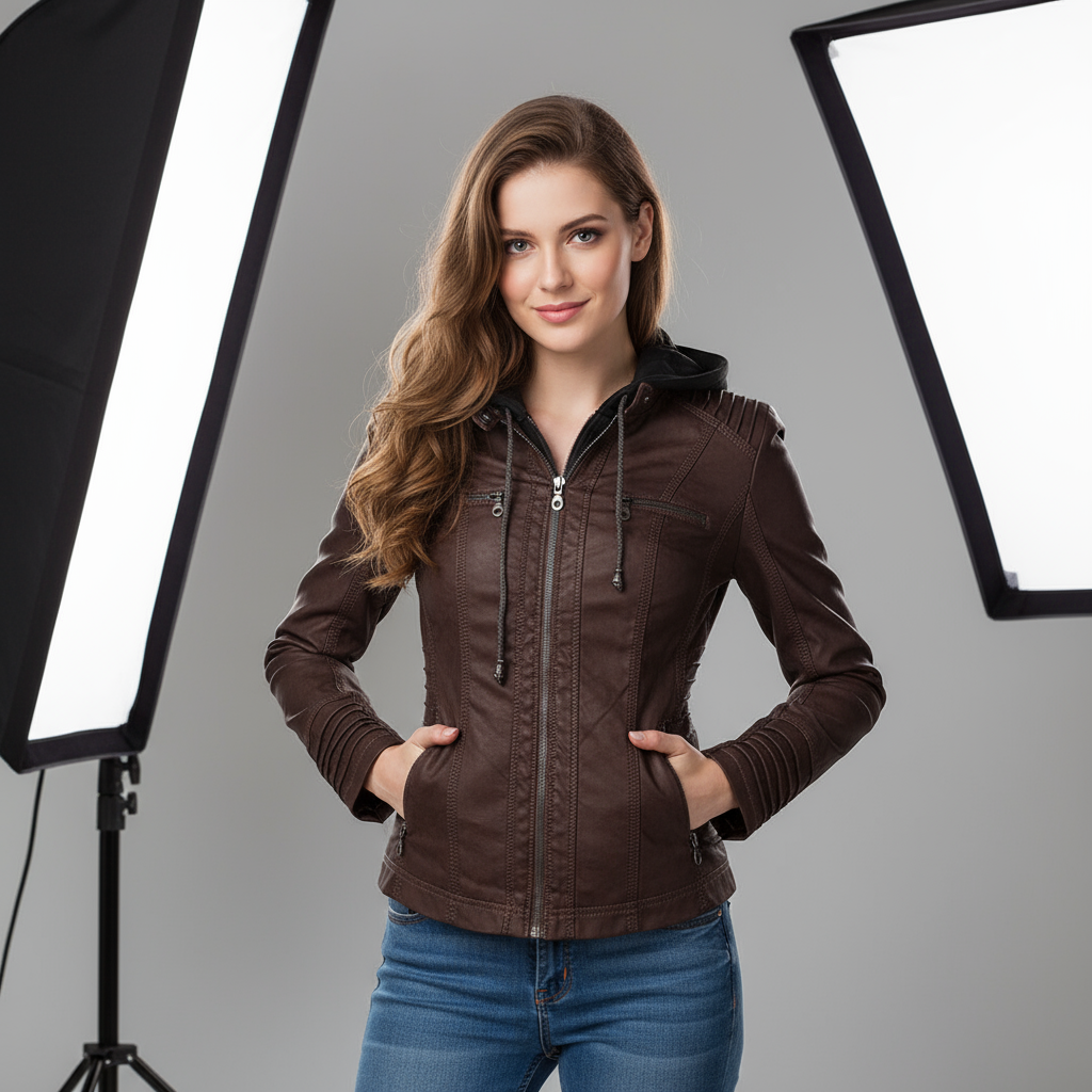 Faux-leren damesjas met capuchon en ritssluiting
