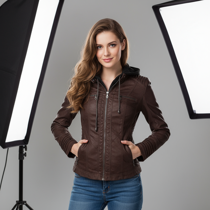 Faux-leren damesjas met capuchon en ritssluiting