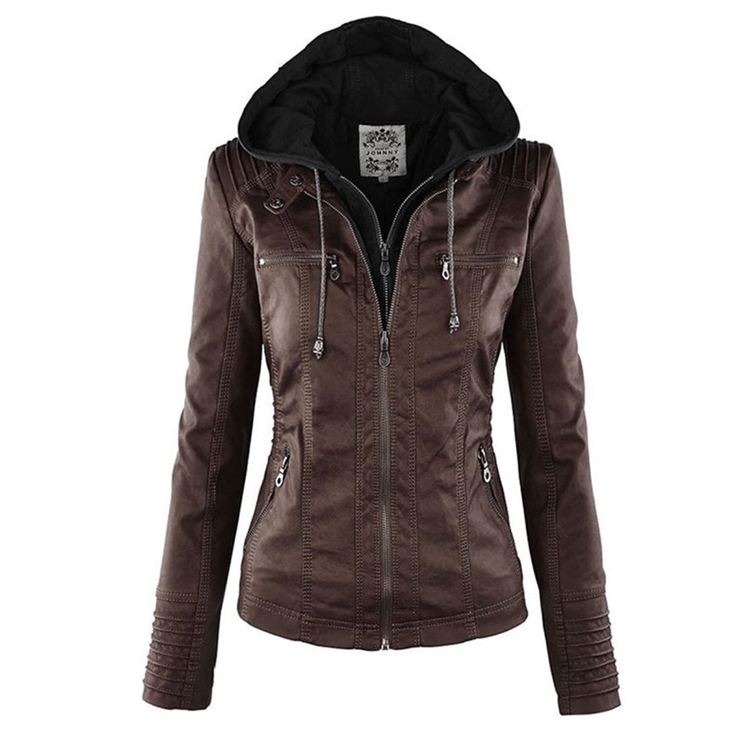 Faux-leren damesjas met capuchon en ritssluiting