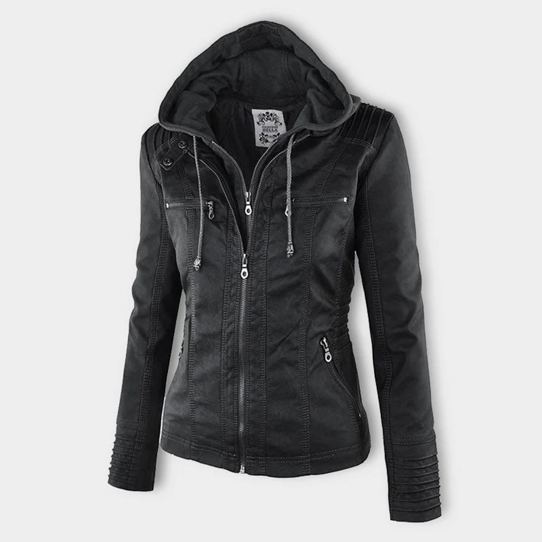 Faux-leren damesjas met capuchon en ritssluiting