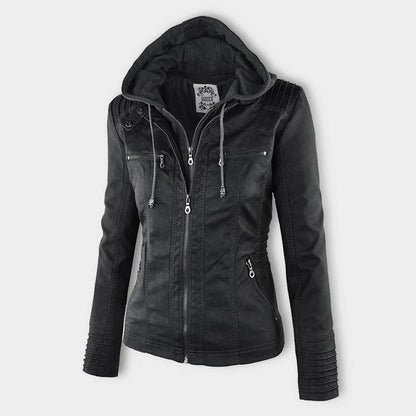 Faux-leren damesjas met capuchon en ritssluiting