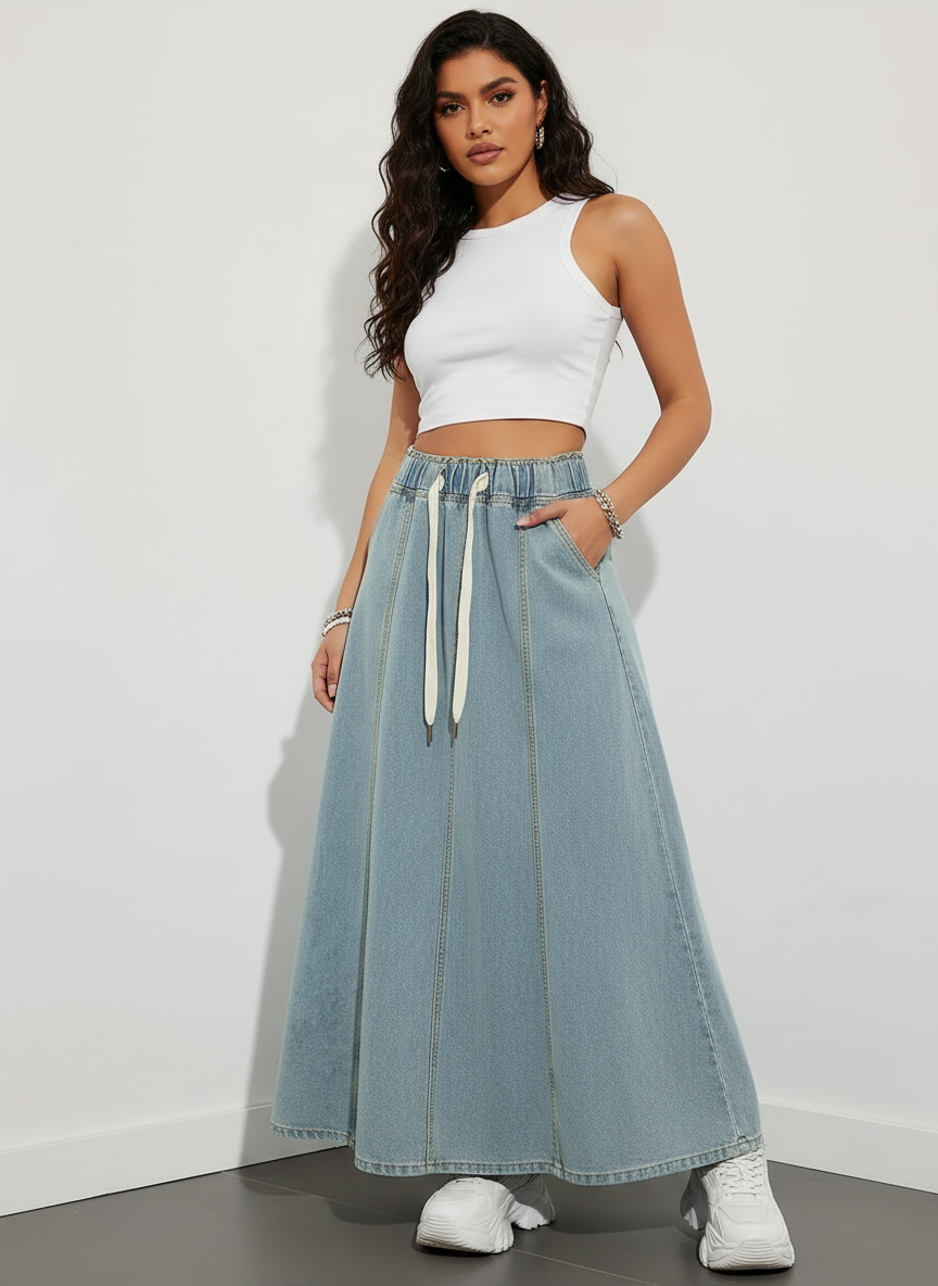 Flatterende denim maxi rok met elastische taille – Arielle