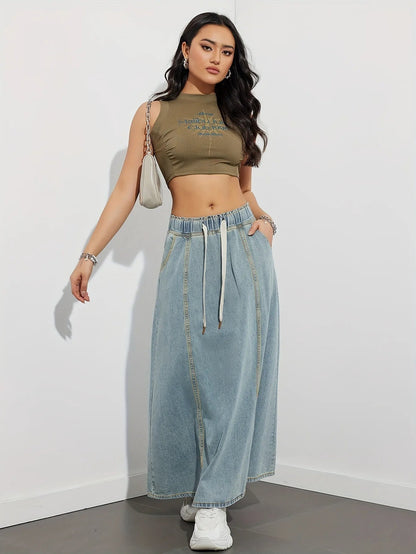 Flatterende denim maxi rok met elastische taille – Arielle