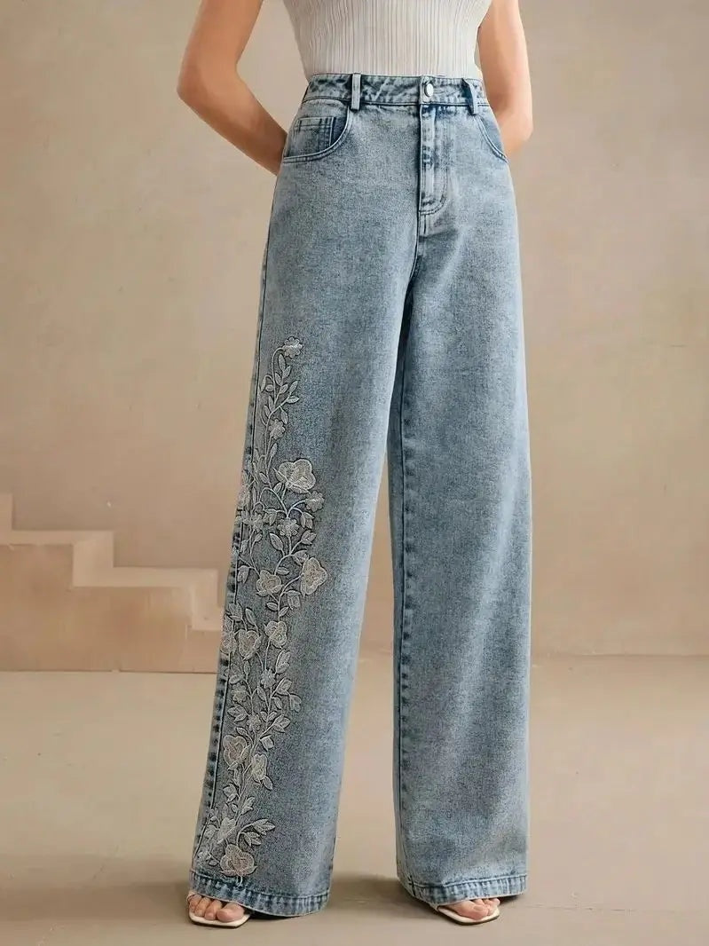 Geborduurde wide leg dames jeans – Flora