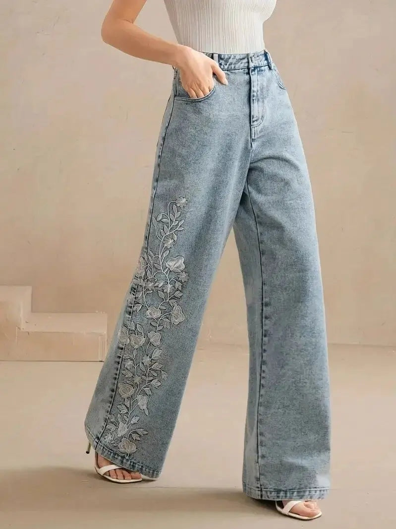 Geborduurde wide leg dames jeans – Flora