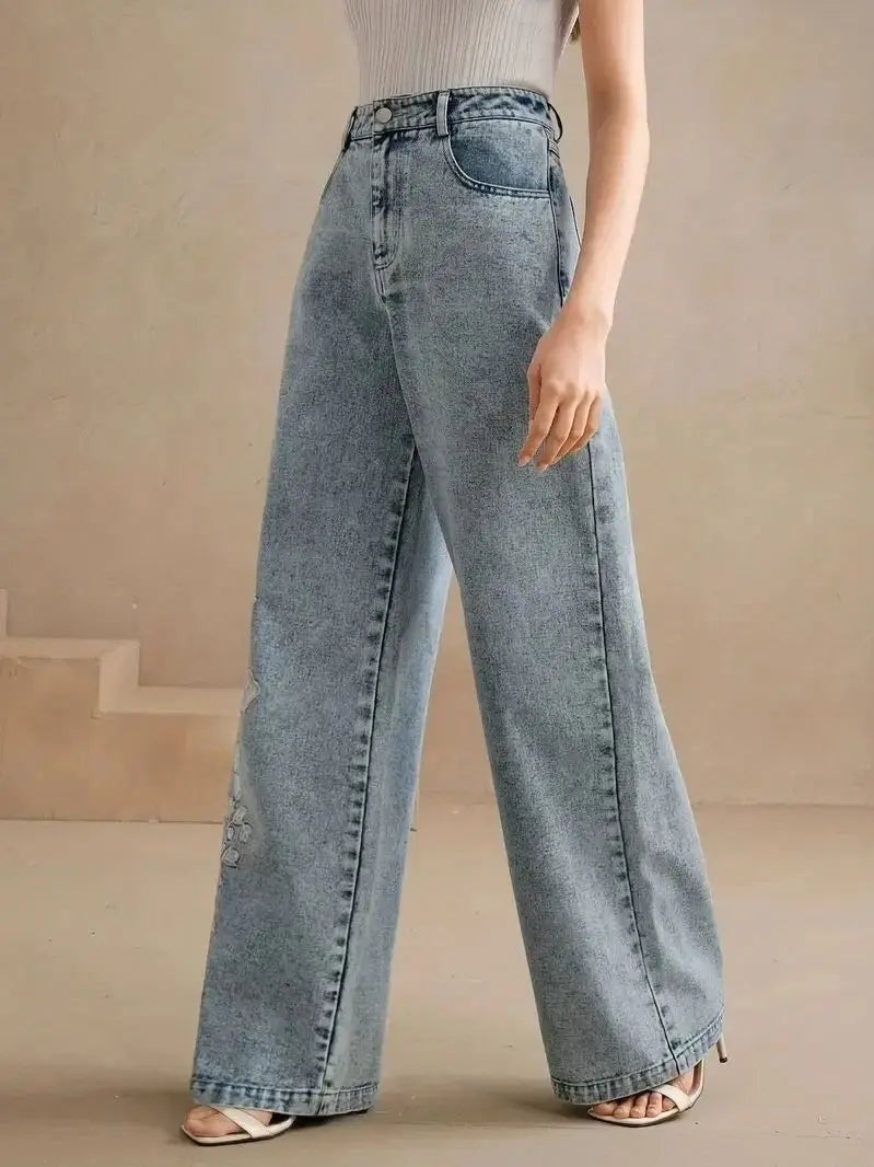 Geborduurde wide leg dames jeans – Flora