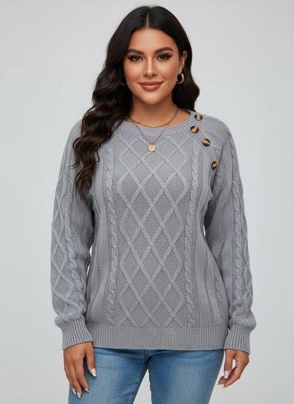 Gebreide dames sweater met sierknopen en kabelstructuur