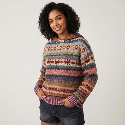 Gebreide multicolor dames pullover hoodie met capuchon