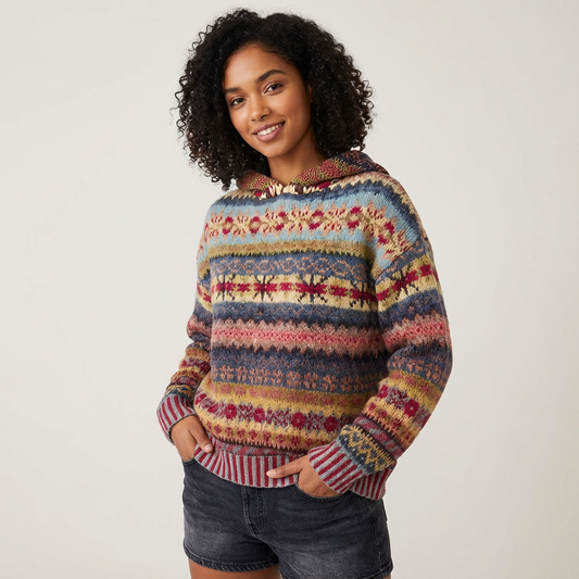 Gebreide multicolor dames pullover hoodie met capuchon