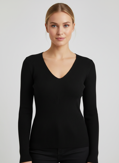 Geribd dames shirt met v-hals en lange mouwen