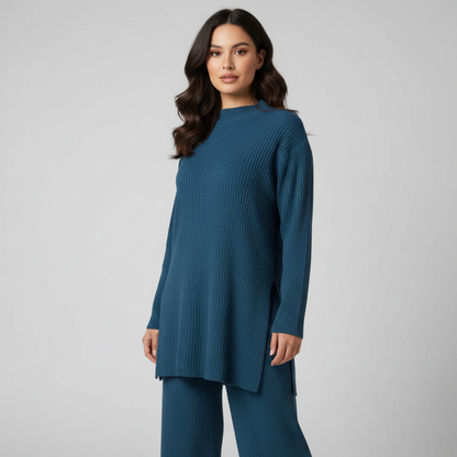 Geribde gebreide dames set met trui en wijde broek