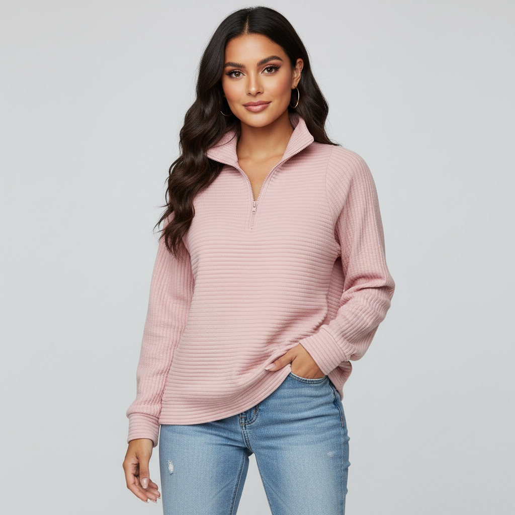 Geribde half-zip dames sweater met lange mouwen