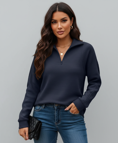 Geribde half-zip dames sweater met lange mouwen